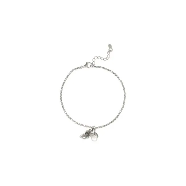 Silver Cultured Freshwater Pearl Acorn and Leaf Charm Bracelet 6.5