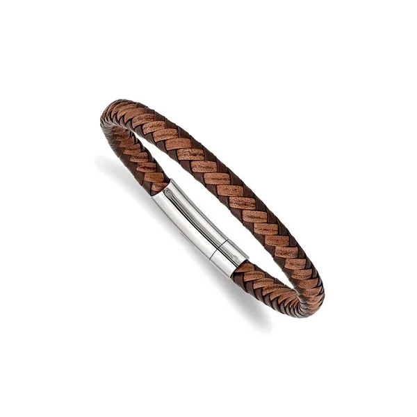 Stainless Steel Polished Brown Braided Leather 8.25