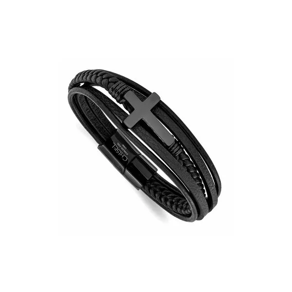 Stainless Steel Polished Black IP Cross Black PU/ Leather 8.75