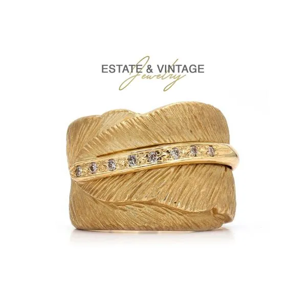 Estate 14K Yellow Gold 0.12ctw Diamond Wide Leaf Band Fashion Ring Matte Finish Raleigh Diamond Fine Jewelry Raleigh, NC