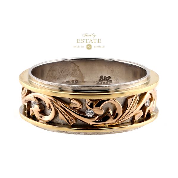 Estate Designer Jacob Snow 18K White Yellow & Rose Gold 0.10ctw F-G/SI Scroll 6-Diamond Men's Fashion Ring Sz 10 Raleigh Diamond Fine Jewelry Raleigh, NC