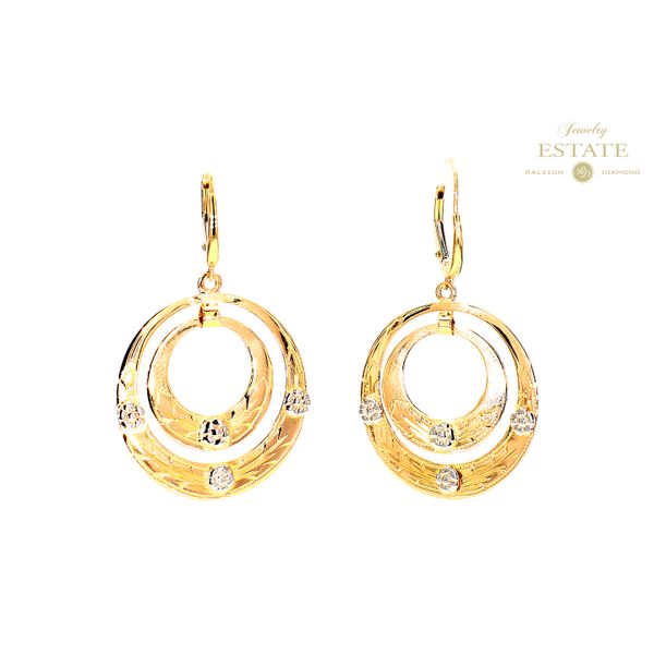 Estate 18K Yellow Gold Engraved Double Circle Leverback Dangle Earrings Raleigh Diamond Fine Jewelry Raleigh, NC