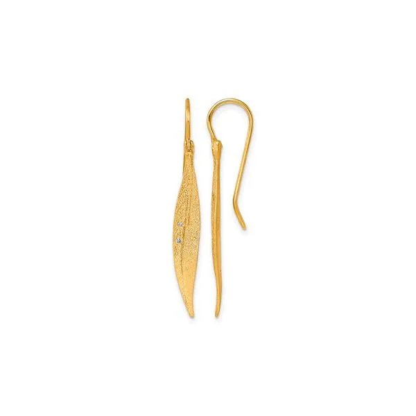14K Yellow Gold Brushed and Textured Diamond Short Leaf Shepherd Hook Dangle Earrings Raleigh Diamond Fine Jewelry Raleigh, NC
