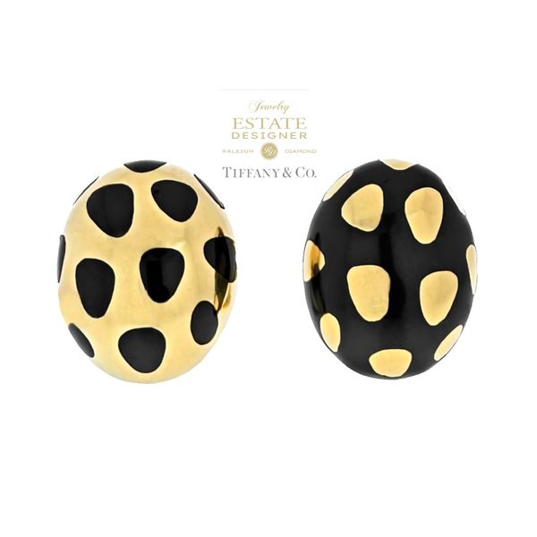 Estate Designer Tiffany & Co. Cummings 18K Yellow Gold Black Jade Positive & Negative Earrings Raleigh Diamond Fine Jewelry Raleigh, NC