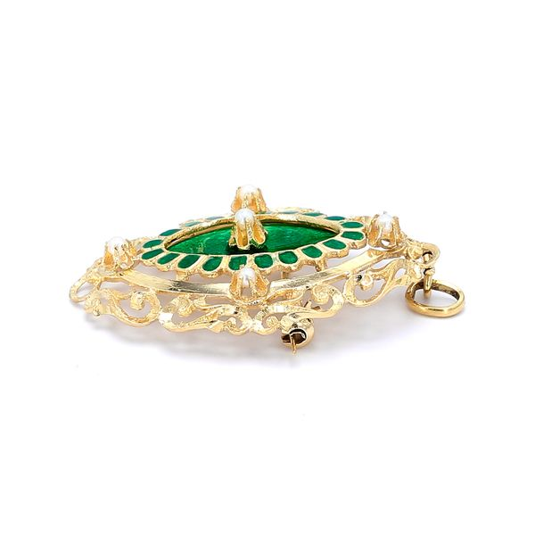 Estate 18K Yellow Gold Victorian Brooch with Green Enamel & Pearls Accents Image 2 Raleigh Diamond Fine Jewelry Raleigh, NC