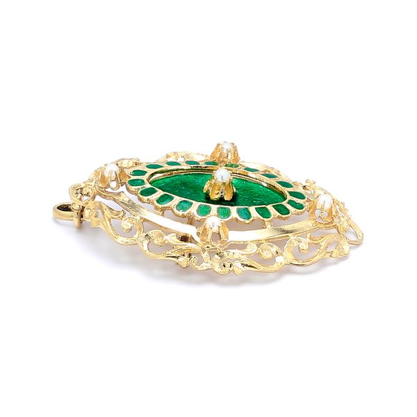 Estate 18K Yellow Gold Victorian Brooch with Green Enamel & Pearls Accents Image 3 Raleigh Diamond Fine Jewelry Raleigh, NC