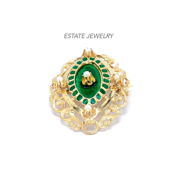 Estate 18K Yellow Gold Victorian Brooch with Green Enamel & Pearls Accents Raleigh Diamond Fine Jewelry Raleigh, NC