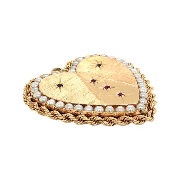 Estate 14K Yellow Gold Heart Pendant with Pearls Rubies and Sapphires Image 3 Raleigh Diamond Fine Jewelry Raleigh, NC