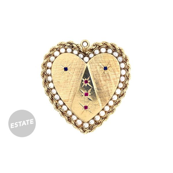 Estate 14K Yellow Gold Heart Pendant with Pearls Rubies and Sapphires Raleigh Diamond Fine Jewelry Raleigh, NC