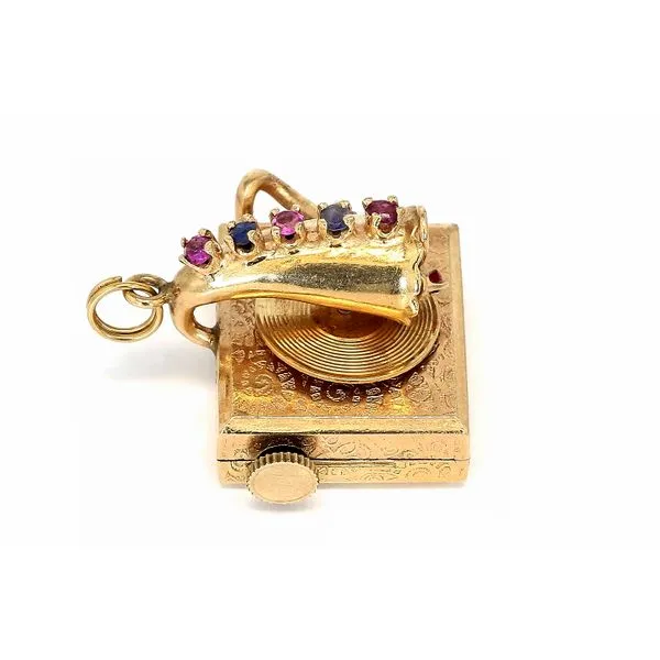 Estate 14K Yellow Gold Sapphire, Pearl and Ruby Record Player Mechanical Music Box Pendant Plays Happy Birthday Tune! Image 2 Raleigh Diamond Fine Jewelry Raleigh, NC