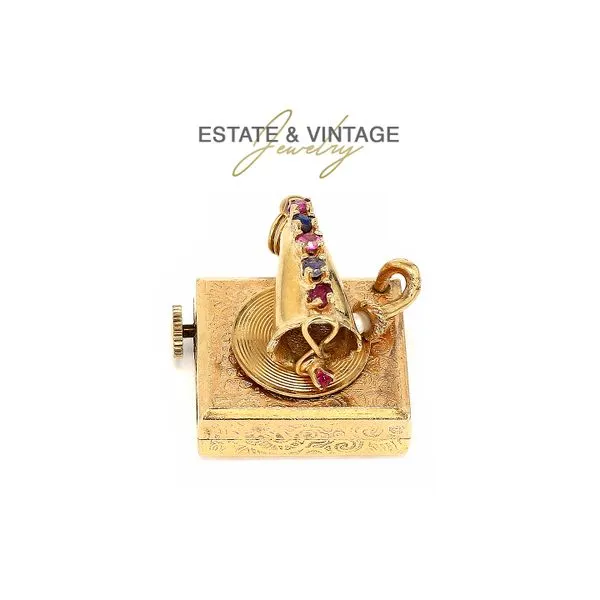 Estate 14K Yellow Gold Sapphire, Pearl and Ruby Record Player Mechanical Music Box Pendant Plays Happy Birthday Tune! Raleigh Diamond Fine Jewelry Raleigh, NC