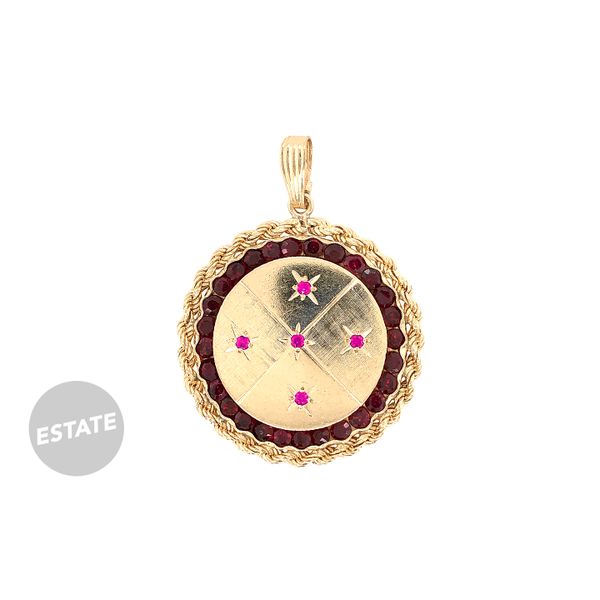 Estate 14K Yellow Gold Round Pendant with Garnets and Rubies Raleigh Diamond Fine Jewelry Raleigh, NC