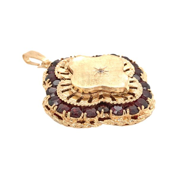 Estate 14K Yellow Gold Clover Locket with Garnets & Diamond Image 3 Raleigh Diamond Fine Jewelry Raleigh, NC