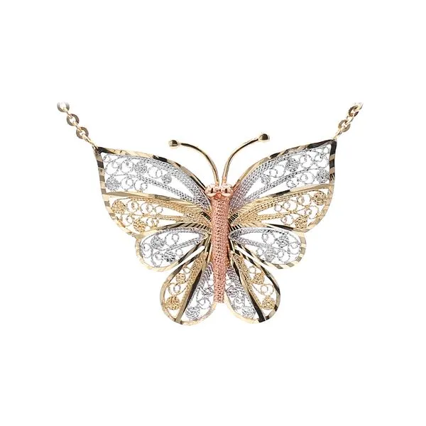 Estate Tri-Tone White, Yellow & Rose  Filigree Butterfly Pendant Image 2 Raleigh Diamond Fine Jewelry Raleigh, NC