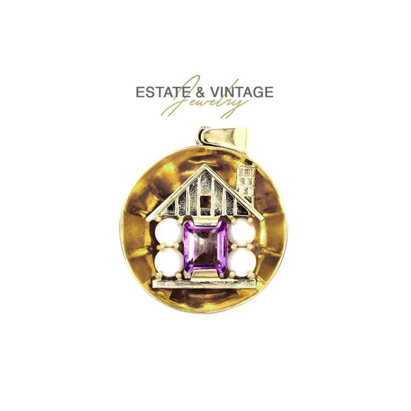 Estate 14K Yellow Gold Pearl & Amethyst Mountain Log House Charm Pendant Raleigh Diamond Fine Jewelry Raleigh, NC