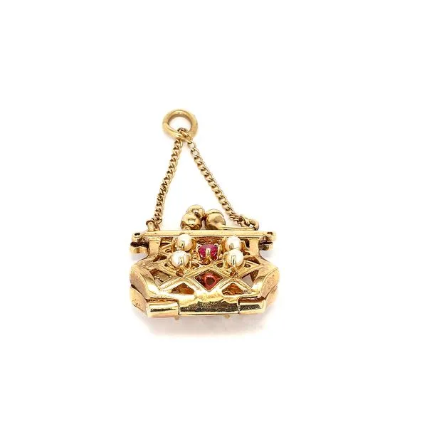 Estate 14K Yellow Gold Pearl & Ruby Charm Pendant - Purse Opens! Image 2 Raleigh Diamond Fine Jewelry Raleigh, NC