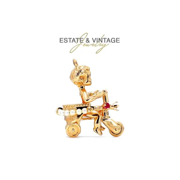Estate 14K Yellow Gold Toddler on Bicycle Gemstones Charm Pendant Raleigh Diamond Fine Jewelry Raleigh, NC