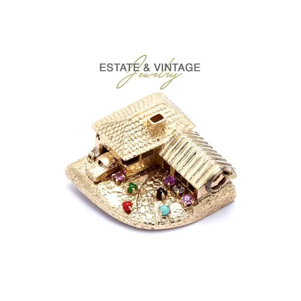 Estate 14K Yellow Gold Gemstone House Home Cottage & Flowers Charm Pendant Raleigh Diamond Fine Jewelry Raleigh, NC