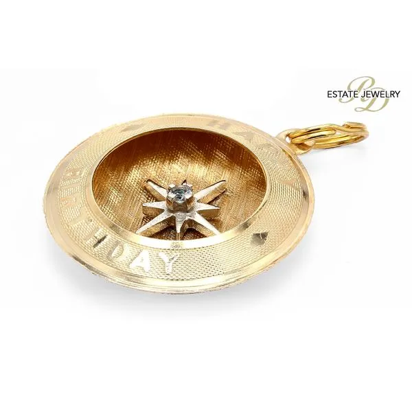 Estate 14K Yellow Gold and Diamond 25mm Happy Birthday Charm Pendant Raleigh Diamond Fine Jewelry Raleigh, NC