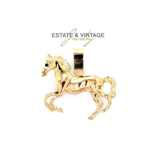 Estate 14K Yellow Gold Sapphire Eyes Running Horse Charm Pendant Raleigh Diamond Fine Jewelry Raleigh, NC