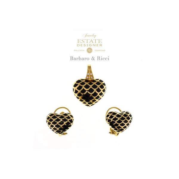 Estate Designer Barbero & Ricci 18K Yellow Gold Black Enamel Puff Heart Earrings *SOLD AS A SET Raleigh Diamond Fine Jewelry Raleigh, NC