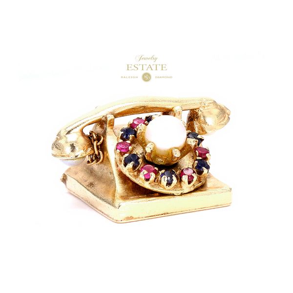 Estate 14K Yellow Gold Phone Sapphire Ruby and Pearl Charm Raleigh Diamond Fine Jewelry Raleigh, NC