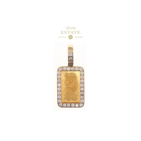 Estate 18K Yellow Gold Diamond Bezel 8.34gr /24k Lady Fortuna Gold Bar Pendant Raleigh Diamond Fine Jewelry Raleigh, NC