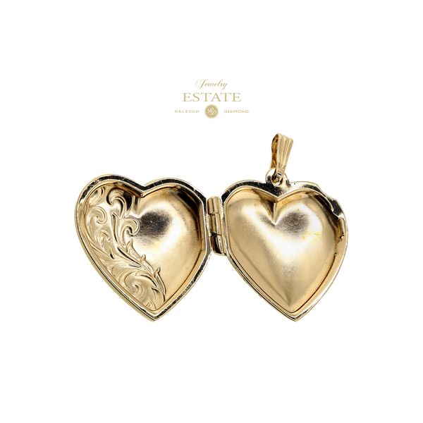 Estate 14K Yellow Gold Engraved Floral Heart Locket Pendant Image 2 Raleigh Diamond Fine Jewelry Raleigh, NC