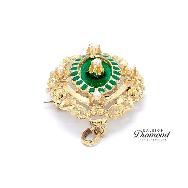 Estate 18K Yellow Gold Victorian Brooch with Green Enamel & Pearls Accents Image 2 Raleigh Diamond Fine Jewelry Raleigh, NC