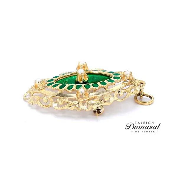 Estate 18K Yellow Gold Victorian Brooch with Green Enamel & Pearls Accents Image 3 Raleigh Diamond Fine Jewelry Raleigh, NC