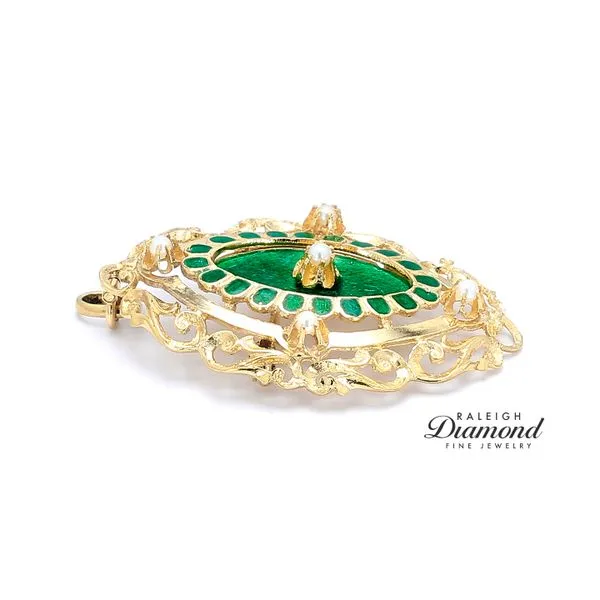 Estate 18K Yellow Gold Victorian Brooch with Green Enamel & Pearls Accents Image 4 Raleigh Diamond Fine Jewelry Raleigh, NC
