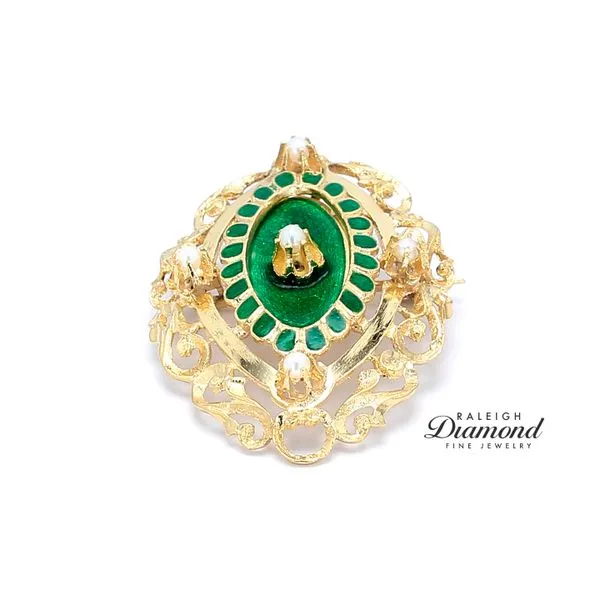 Estate 18K Yellow Gold Victorian Brooch with Green Enamel & Pearls Accents Raleigh Diamond Fine Jewelry Raleigh, NC