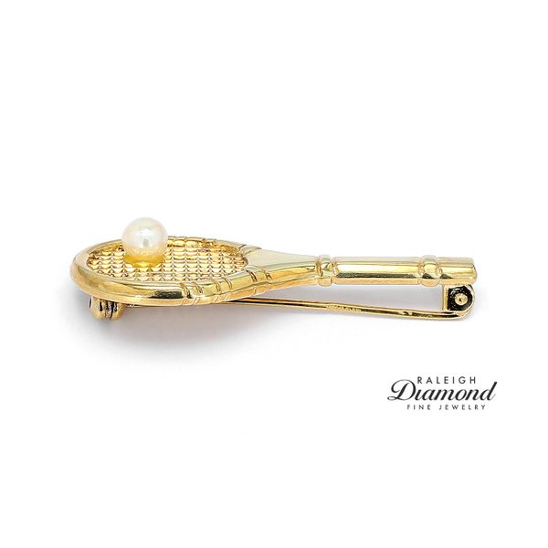 Estate 14K Yellow Gold Tennis Racket Pendant with Pearl Image 3 Raleigh Diamond Fine Jewelry Raleigh, NC
