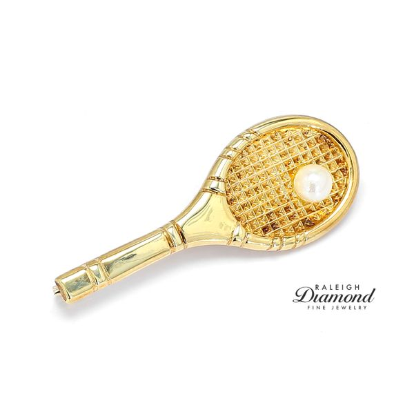 Estate 14K Yellow Gold Tennis Racket Pendant with Pearl Raleigh Diamond Fine Jewelry Raleigh, NC