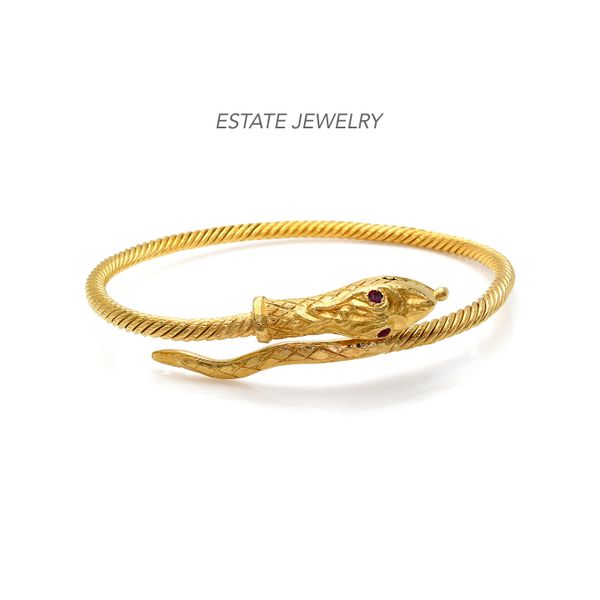 Estate 22K Yellow Gold Snake with Ruby Accents Bangle Bracelet Raleigh Diamond Fine Jewelry Raleigh, NC