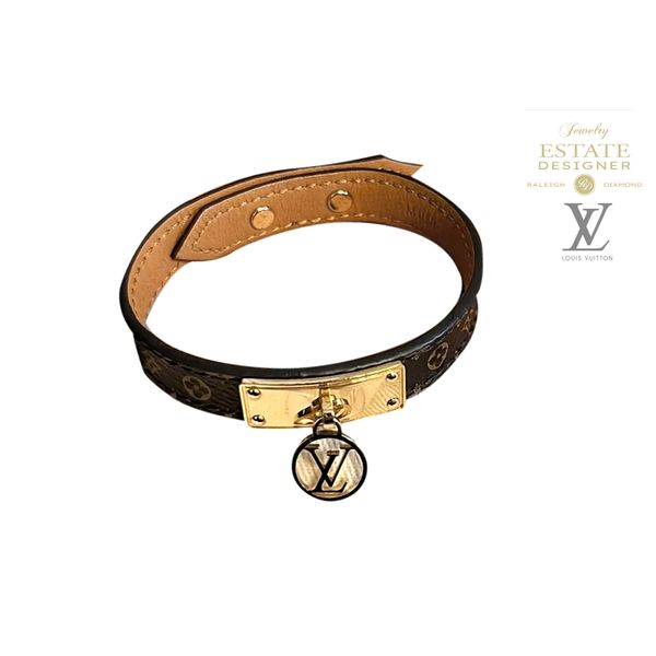 Estate Designer Louis Vuitton Gold LV Logo Monogram Leather Bracelet - Made in France Raleigh Diamond Fine Jewelry Raleigh, NC