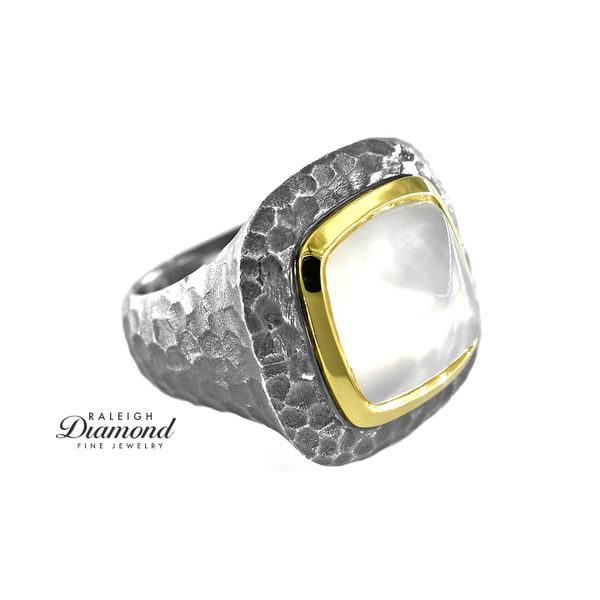 Estate David Yurman Sterling Silver & 18K Yellow Gold with Square Rounded White Moonstone Hammered Ring Image 2 Raleigh Diamond Fine Jewelry Raleigh, NC