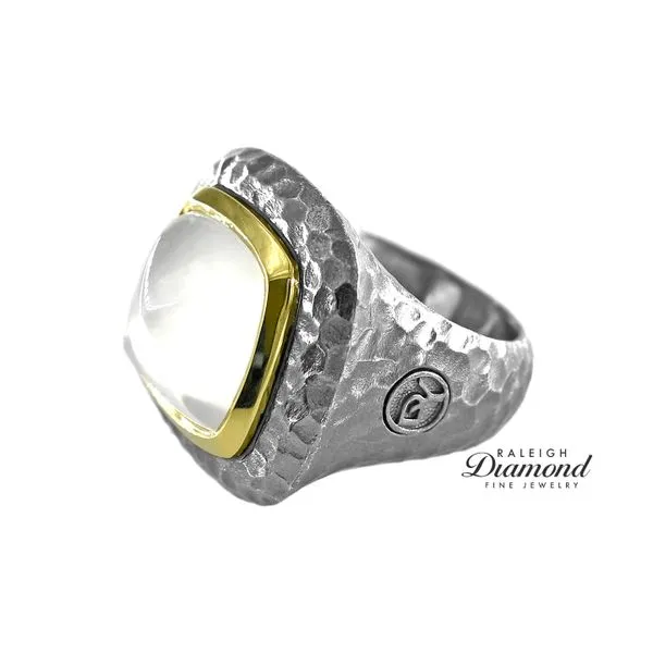 Estate David Yurman Sterling Silver & 18K Yellow Gold with Square Rounded White Moonstone Hammered Ring Image 3 Raleigh Diamond Fine Jewelry Raleigh, NC