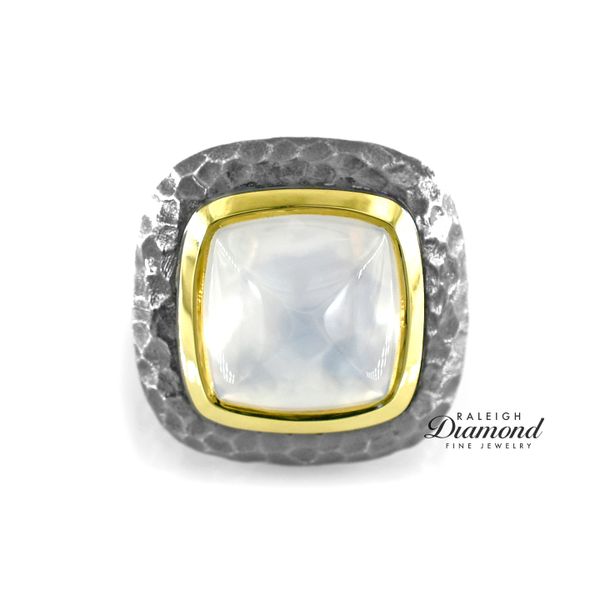Estate David Yurman Sterling Silver & 18K Yellow Gold with Square Rounded White Moonstone Hammered Ring Raleigh Diamond Fine Jewelry Raleigh, NC