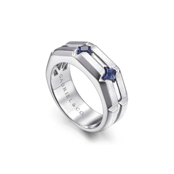 Sterling Silver Ring with Square Sapphire Stations in Horizontal Brush Finish Image 2 Raleigh Diamond Fine Jewelry Raleigh, NC