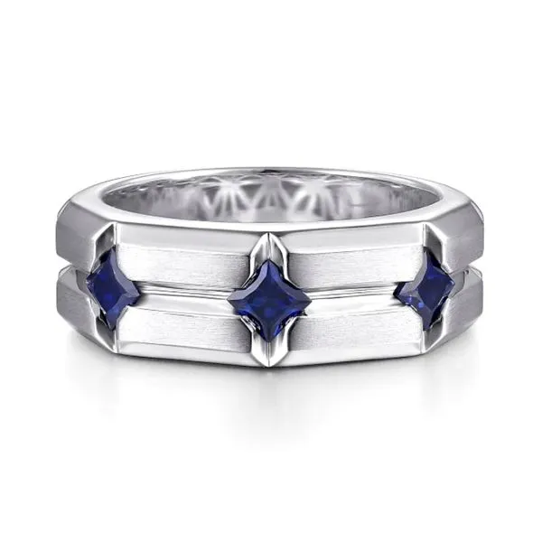 Sterling Silver Ring with Square Sapphire Stations in Horizontal Brush Finish Raleigh Diamond Fine Jewelry Raleigh, NC