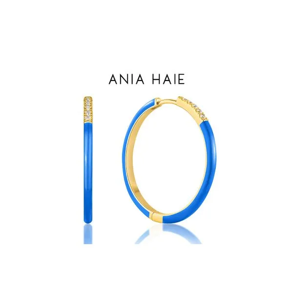 Ania Haie 14K Gold Plated on Sterling Silver Neon Blue Sparkle Enamel Hoops Earrings Raleigh Diamond Fine Jewelry Raleigh, NC