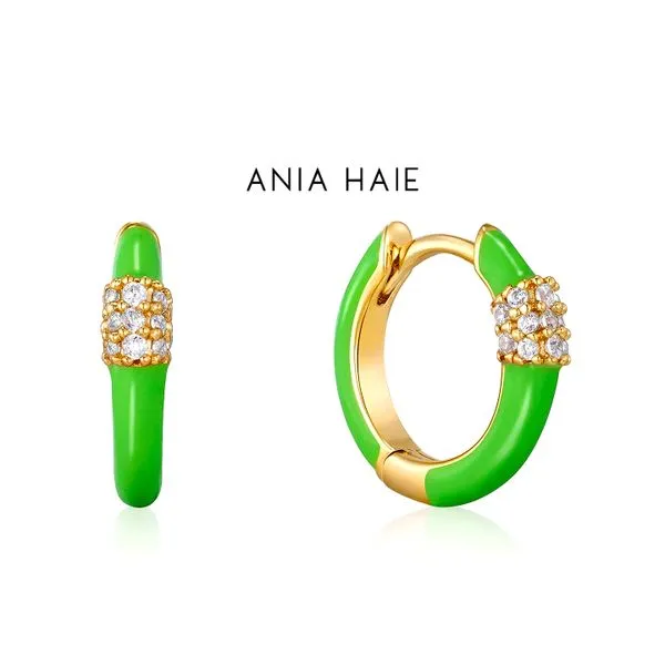 Ania Haie Sterling Silver Neon Green Enamel Carabiner Gold Huggie Hoop Earrings Raleigh Diamond Fine Jewelry Raleigh, NC