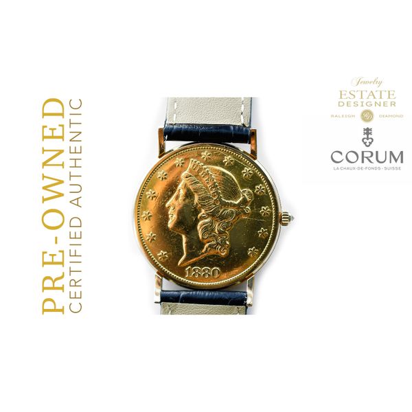 Estate Designer CORUM 18K Yellow Gold 35mm Men's Watch Double Eagle $20 Coin with Black Alligator Bracelet Image 2 Raleigh Diamond Fine Jewelry Raleigh, NC