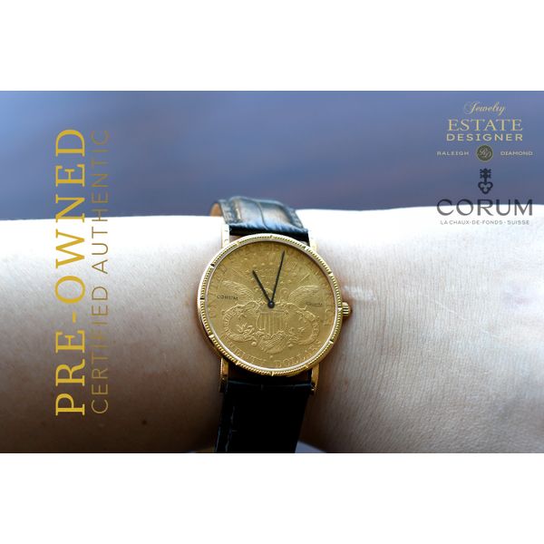 Estate Designer CORUM 18K Yellow Gold 35mm Men's Watch Double Eagle $20 Coin with Black Alligator Bracelet Image 3 Raleigh Diamond Fine Jewelry Raleigh, NC