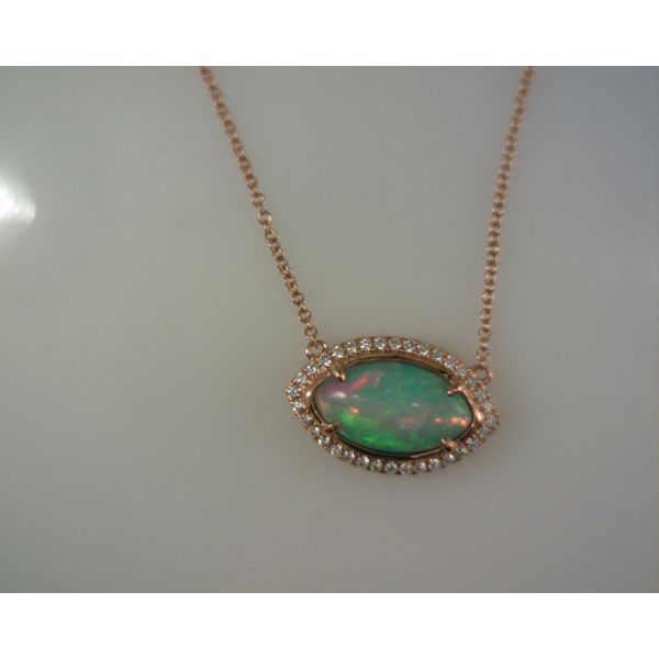 Rose Gold chain, Marquise White Opal and Diamond necklace  Rasmussen Diamonds Mount Pleasant, WI