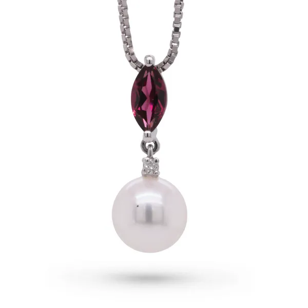 Pearl and Rhodolite Garnet Pendant Rasmussen Diamonds Mount Pleasant, WI