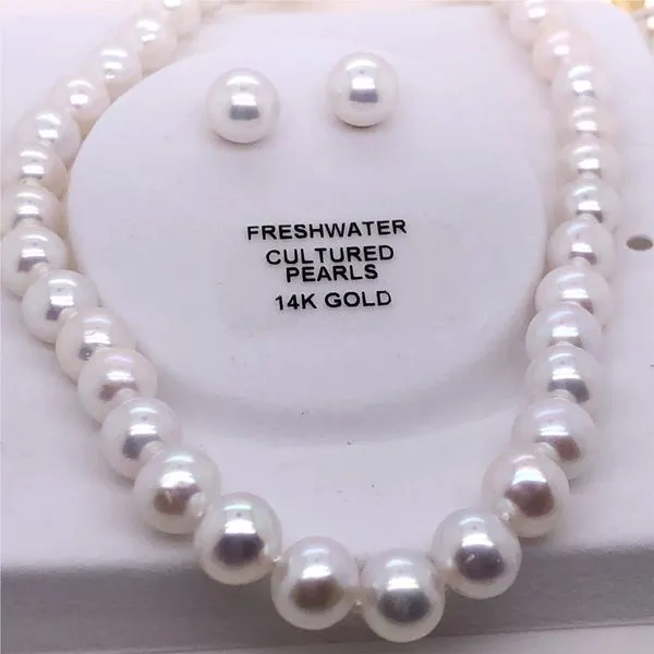 Yellow Gold and freshwater Pearl necklace and stud earring set Rasmussen Diamonds Mount Pleasant, WI