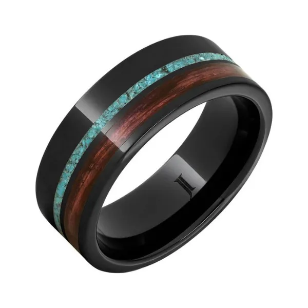 Ceramic Mens Wedding Band With Cabernet Wood And Turquoise Inlays Rasmussen Diamonds Mount Pleasant, WI