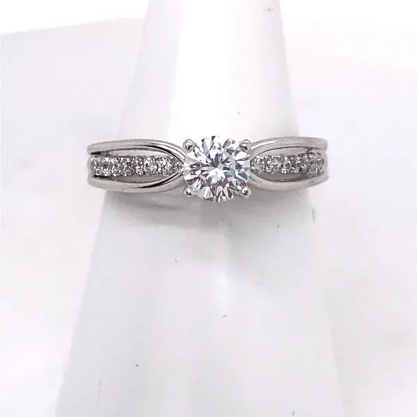 Gabriel & Co diamond engagement ring mounting open shank shared prong set diamonds Rasmussen Diamonds Mount Pleasant, WI